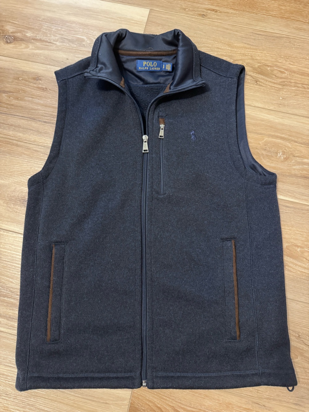 Ralph Lauren Navy Full-Zip Knit Vest with Brown Contrast Trim